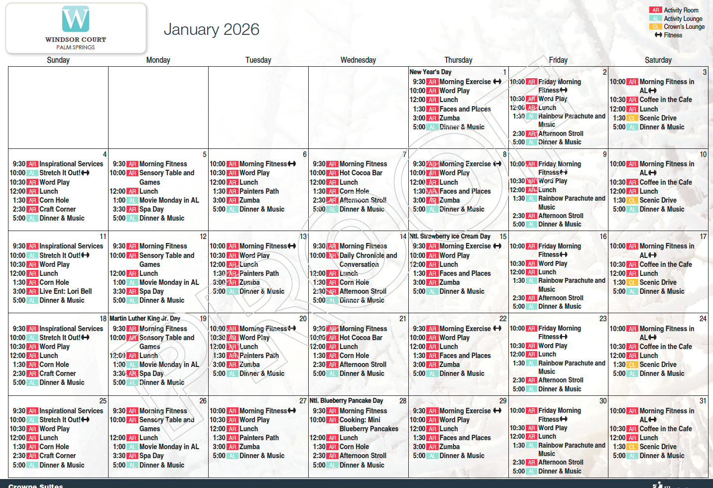 Crowne Suites Jan calendar